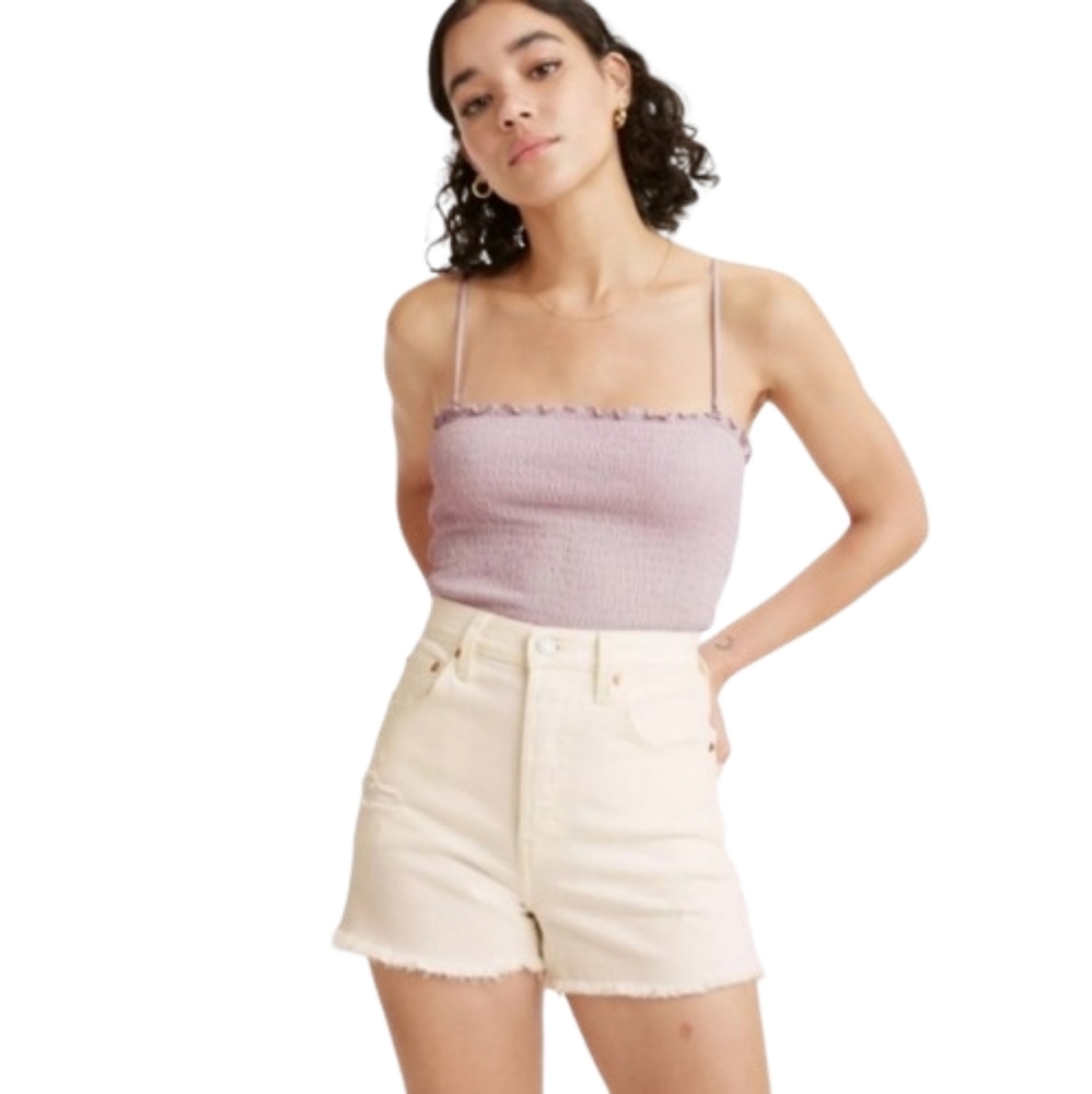 LEVI'S Ribcage White High Rise Distressed Shorts in Mother of Pearl Size 25